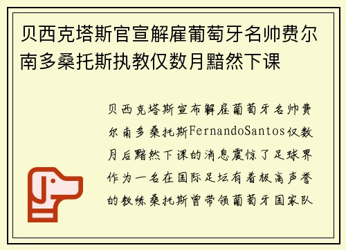 贝西克塔斯官宣解雇葡萄牙名帅费尔南多桑托斯执教仅数月黯然下课